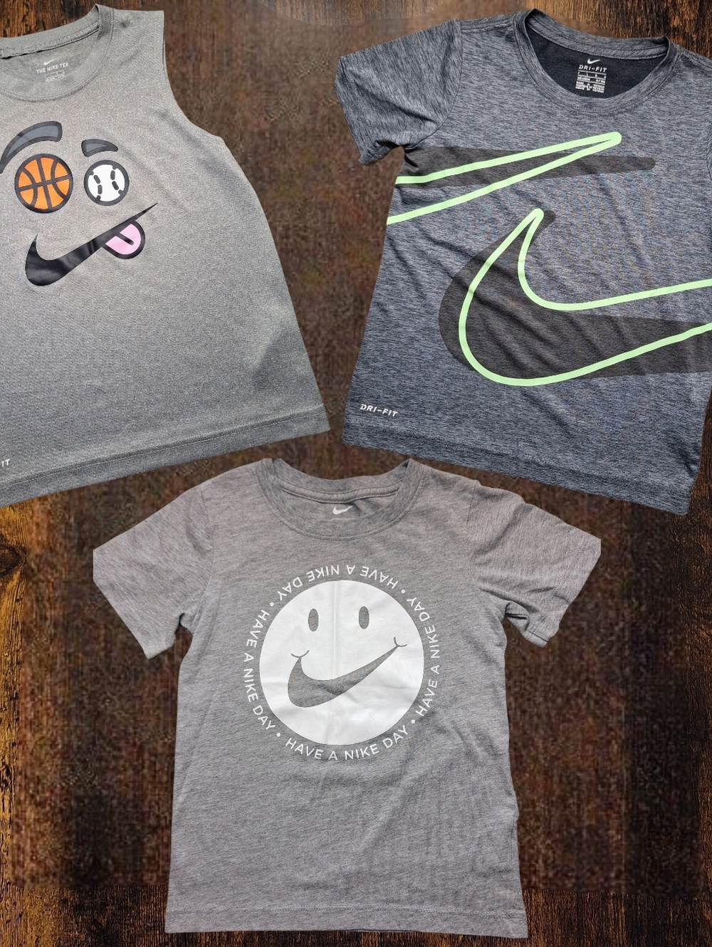 Nike Kids' Grey Graphic Tee Trio with Neon Green Swoosh Accents